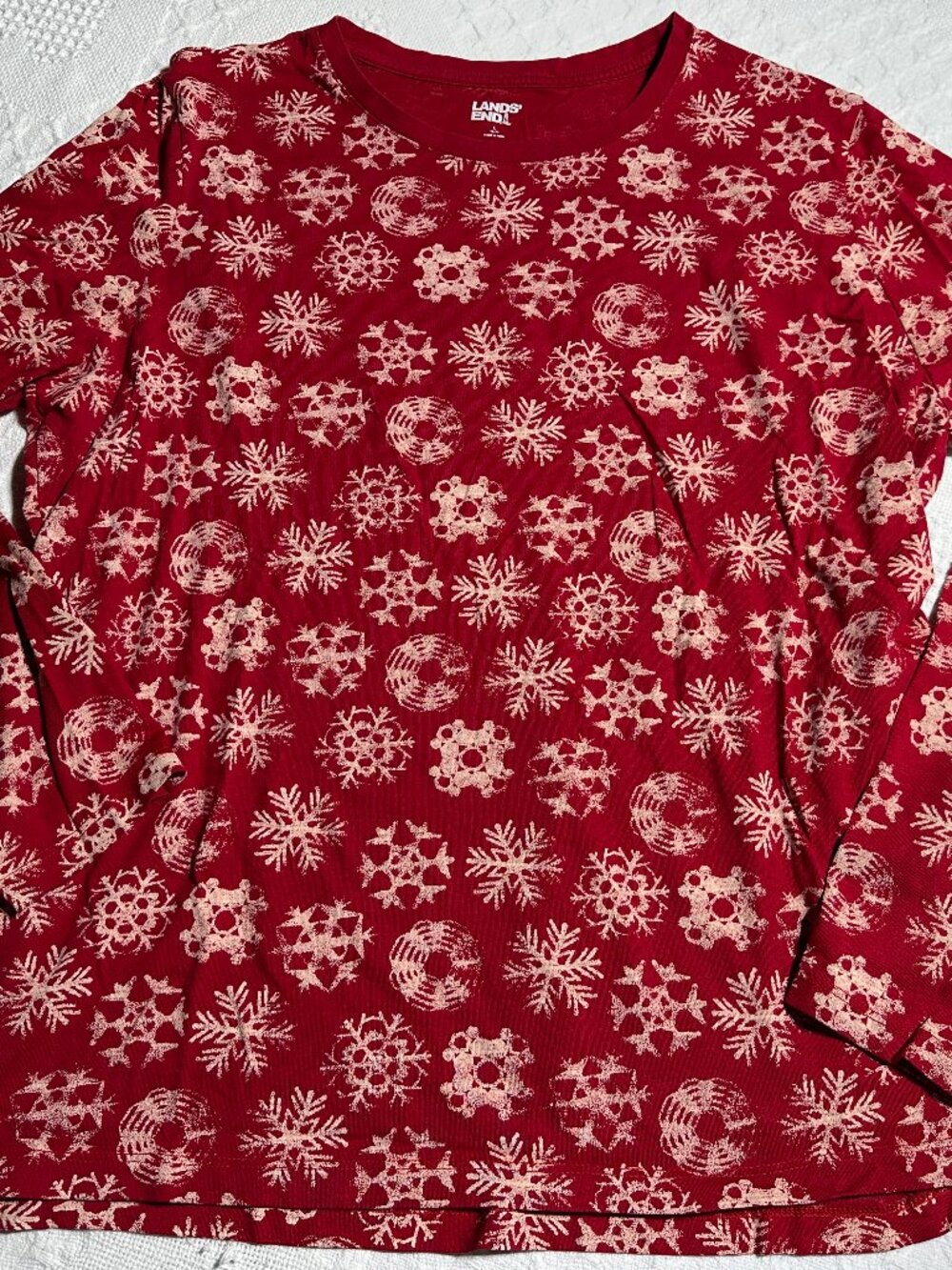 Lands' End Red Snowflake Holiday Christmas Long Sleeve Top L 14-16